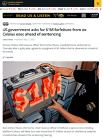 US Government Asks for $1M in Forfeiture from Ex-Celsius Exec Ahead of Sentencing