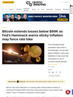 Bitcoin sinks below $69K as Fed warns sticky inflation may force rate hike