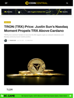 TRON (TRX) Price: Justin Sun's Nasdaq Moment Propels TRX Above Cardano - CoinCentral