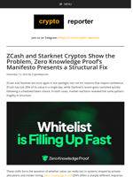 ZCash and Starknet Cryptos Show the Problem, Zero Knowledge Proof’s Manifesto Presents a Structural Fix