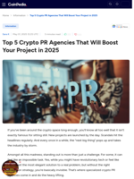 Top 5 Crypto PR Agencies That Will Boost Your Project in 2025 : MarketAcross, Evox Funday Agency, X10 Agency, DIFY Singapore.