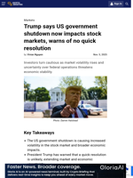 Trump says US government shutdown now impacts stock markets, warns of no quick resolution