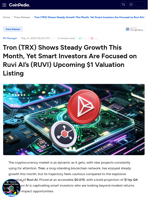 Tron (TRX) Shows Steady Growth This Month, Yet Smart Investors Are Focused on Ruvi AI’s (RUVI) Upcoming $1 Valuation Listing