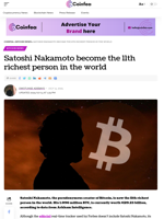 Satoshi Nakamoto become the 11th richest person in the world - Coinfea