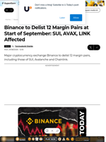 Binance to Delist 12 Margin Pairs at Start of September: SUI, AVAX, LINK Affected - U.Today