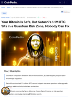 Your Bitcoin Safe, Not Satoshi’s 1.1M BTC Sits in a Quantum Risk