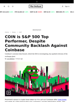 COIN is S&P 500 Top Performer, Despite Community Backlash Against Coinbase - 