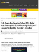 Fitell Corporation Launches Solana (SOL) Digital Asset Treasury with $100M Financing Facility, with Focus on Yield and On-Chain DeFi Innovation