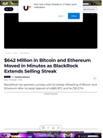 $642 Million in Bitcoin and Ethereum Moved in Minutes as BlackRock Extends Selling Streak - U.Today