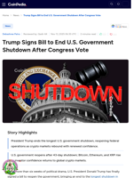 Trump Signs Bill to End U.S. Government Shutdown After Congress Vote