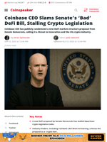 Coinbase CEO Slams Senate’s ‘Bad’ DeFi Bill, Stalling Crypto Laws
