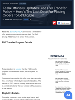 Tesla Officially Updates Free FSD Transfer Policy — Here's The Last Date For Placing Orders To Be Eligible - Tesla (NASDAQ:TSLA) - Benzinga