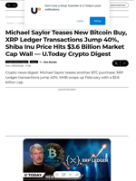 Michael Saylor Teases New Bitcoin Buy, XRP Ledger Transactions Jump 40%, Shiba Inu Price Hits $3.6 Billion Market Cap Wall — U.Today Crypto Digest - U.Today