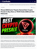 Missed BNB Early? Pepeto Named Best Crypto Presale to Buy Now as TRON Holds $89B and SUI Rebounds