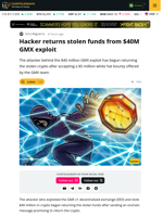GMX Exploiter Starts Returning $40M in Stolen Crypto After Bounty Deal