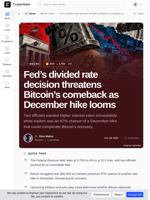 Fed's divided rate decision threatens Bitcoin's comeback as December hike looms
