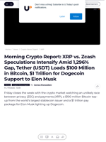 Morning Crypto Report: XRP vs. Zcash Speculations Intensify Amid 1,296% Gap, Tether (USDT) Loads $100 Million in Bitcoin, $1 Trillion for Dogecoin Support to Elon Musk - U.Today