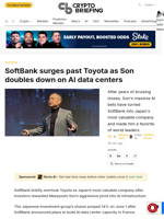 SoftBank surges past Toyota as Son doubles down on AI data centers