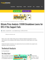 Bitcoin Price Analysis: $100K Breakdown Looms for BTC if This Support Fails