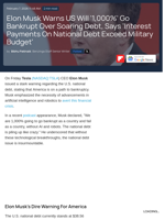 Elon Musk Warns US Will ‘1,000%’ Go Bankrupt Over Soaring Debt, Says 'Interest Payments On National Debt Exceed Military Budget' - Tesla (NASDAQ:TSLA) - Benzinga