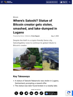 Where’s Satoshi? Statue of Bitcoin creator gets stolen, smashed, and lake-dumped in Lugano