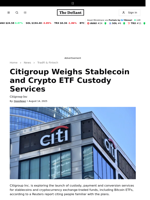 Citigroup Weighs Stablecoin and Crypto ETF Custody Services - 