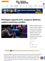 Pentagon reports 53% surge in defense orders amid Iran conflict