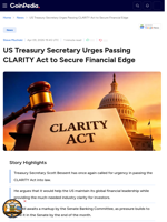 US Treasury Secretary Urges Passing CLARITY Act to Secure Financial Edge