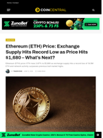 Ethereum (ETH) Price: Exchange Supply Hits Record Low as Price Hits $1,680 - What's Next? - CoinCentral