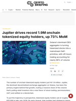 Jupiter drives record 1.9M onchain tokenized equity holders, up 73% MoM