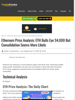 Ethereum Price Analysis: ETH Bulls Eye $4,000 But Consolidation Seems More Likely