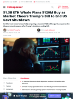 $1.3B ETH Whale Plans $120M Buy as Market Cheers Trump’s Bill