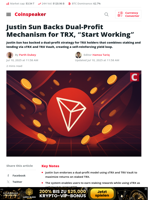 Justin Sun Backs Dual-Profit Mechanism for TRX, 