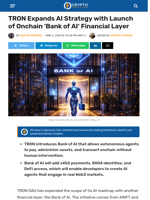 TRON Expands AI Strategy with Launch of Onchain ‘Bank of AI'