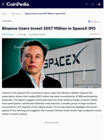 Binance Users Invest $557 Million in SpaceX IPO