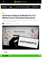 Anthropic Deploys AI Models for U.S. Military Use in Classified Operations - CoinCentral