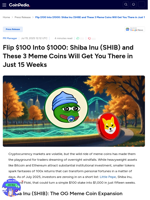 Flip $100 Into $1000: Shiba Inu (SHIB) and These 3 Meme Coins Will Get You There in Just 15 Weeks : Little Pepe (LILPEPE) and More !