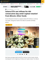 Solana ETFs See 4th Day of Inflows as Bitcoin, Ether Lag