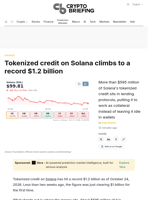 Tokenized credit on Solana climbs to a record $1.2 billion