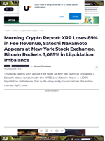 Morning Crypto Report: XRP Loses 89% in Fee Revenue, Satoshi Nakamoto Appears at New York Stock Exchange, Bitcoin Rockets 3,065% in Liquidation Imbalance - U.Today