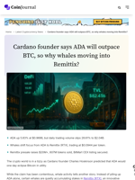 Cardano founder says ADA will outpace BTC, so why whales moving into Remittix? - CoinJournal