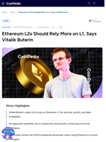 Ethereum L2s Should Rely More on L1, Says Vitalik Buterin
