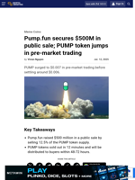 Pump.fun secures $500M in public sale; PUMP token jumps in pre-market trading