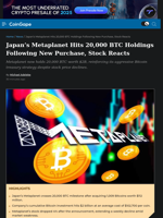 Japan’s Metaplanet Hits 20,000 BTC Holdings Following New Purchase, Stock Reacts