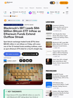Blackrock's IBIT Leads $86 Million Bitcoin ETF Inflow as Ethereum Funds Extend Outflow Streak