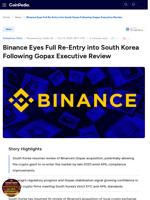 Binance Eyes Full Re-Entry into South Korea Following Gopax Executive Review
