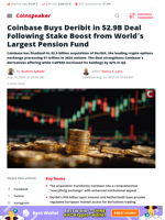 Coinbase Buys Deribit in $2.9B Deal Following Stake Boost from World’s Largest Pension Fund - Coinspeaker