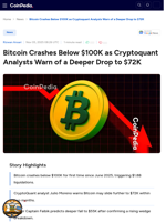 Bitcoin Crashes Below $100K as Cryptoquant Analysts Warn of a Deeper Drop to $72K