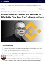Elizabeth Warren Defends Her Remarks on CZ’s Guilty Plea, Says They’re Based on Facts