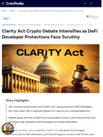 Clarity Act Crypto Debate Intensifies as DeFi Developer Protections Face Scrutiny